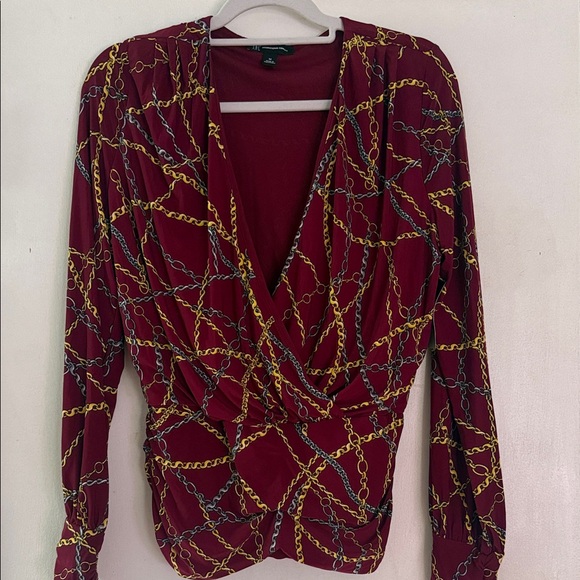 INC International Concepts Tops - INC International Concepts Burgundy Chain-Print Top with Gold and Gray Links